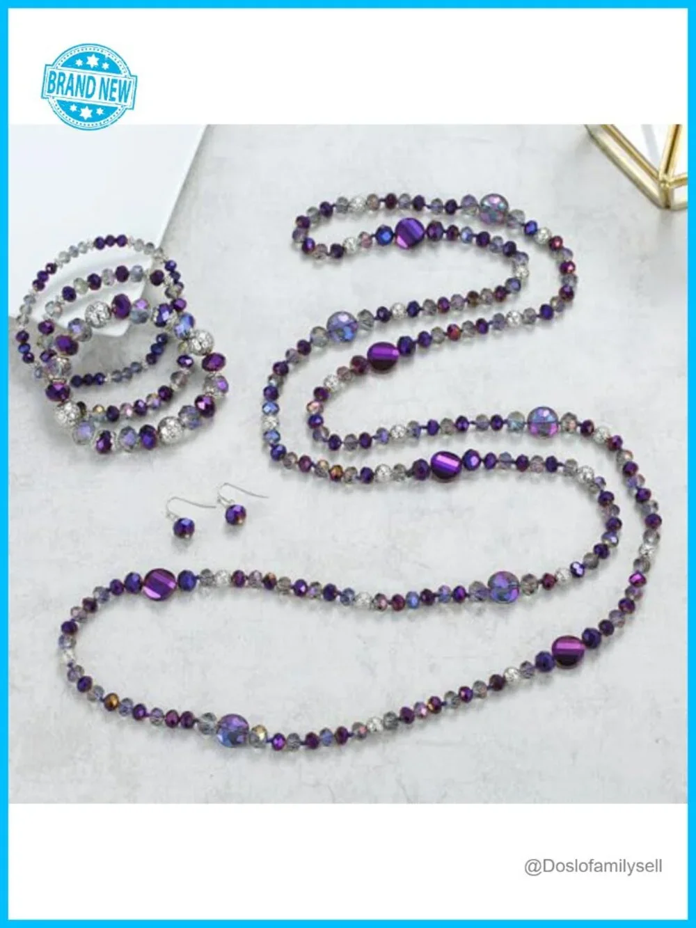 Infinity Crystal Shell Necklace Earring Bracelet Set - Hand Knotted 60''